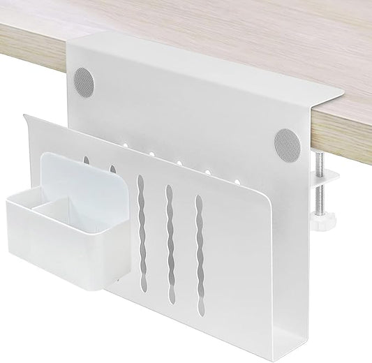 osseph Desk Side Storage Organizer, Under Desk Laptop Holder with Magnetic Pen Holder, No Drill Hanging Desks Caddy for Office & Home, Clamp On Desk Shelf for Tablet, Files, Accessories (White)