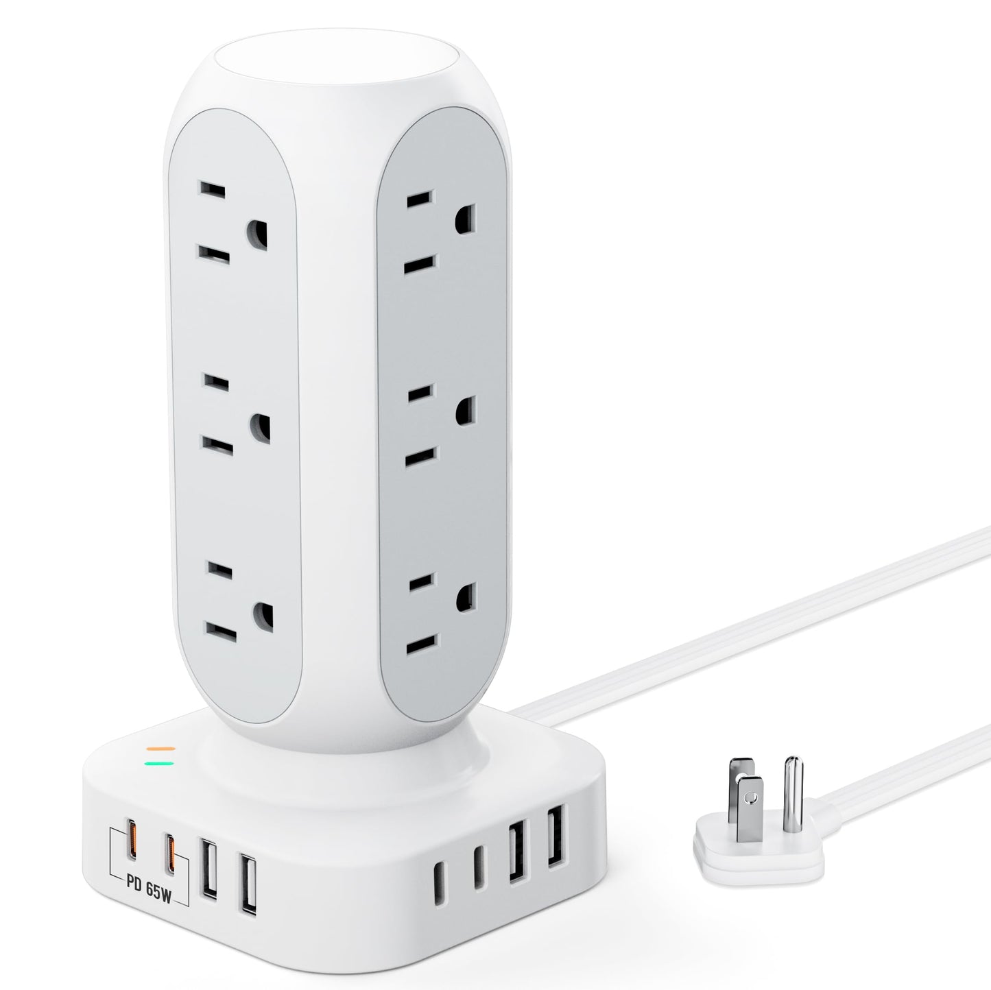 Flat Plug Power Strip Tower, TenTrend 65W Max Charging Tower with 12 AC Outlets & 8 USB Ports (4 USB C), 82W Total Fast Charging Station, 10FT Extension Cord for Desk Office Dorm Room