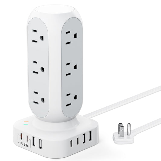 Flat Plug Power Strip Tower, TenTrend 65W Max Charging Tower with 12 AC Outlets & 8 USB Ports (4 USB C), 82W Total Fast Charging Station, 10FT Extension Cord for Desk Office Dorm Room