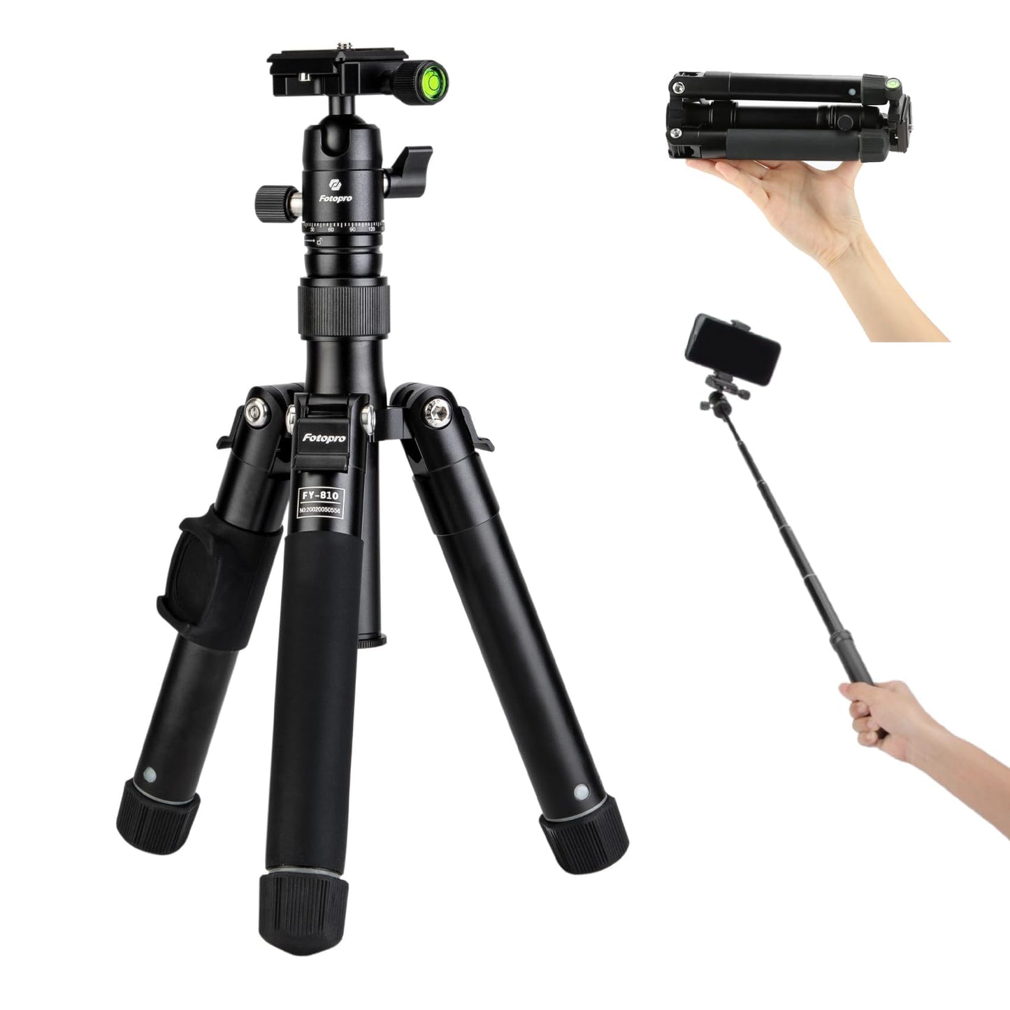 Fotopro Mini Tripod with Ball Head Phone Mount Detachable Selfie Stick Folded only 8.6" Max Load up to 6.6 lbs FY-810 Black