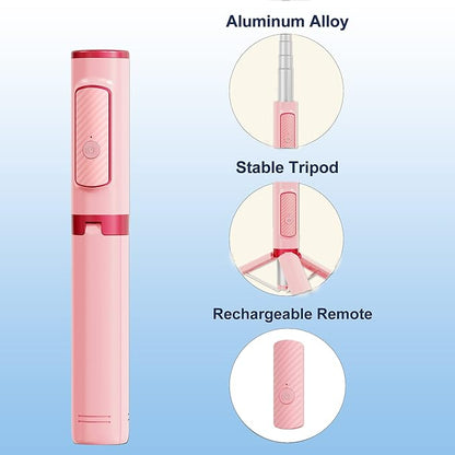 Selfie Stick, Foldable Cellphone Tripod with Remote, Travel Tripod for iPhone Series Android, Video Recording - Pink
