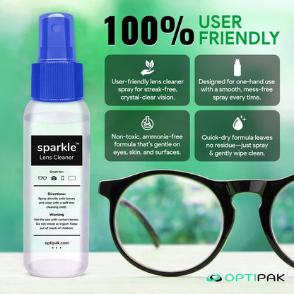 OPTIPAK Sparkle Anti-Reflective Lens Cleaner Spray kit | (1) 1oz Glasses Cleaner Spray + (1) Microfiber Cloth for Eyeglasses, Sunglasses, Lenses, Screens and Camera Cleaning Kit (2 Piece Set)