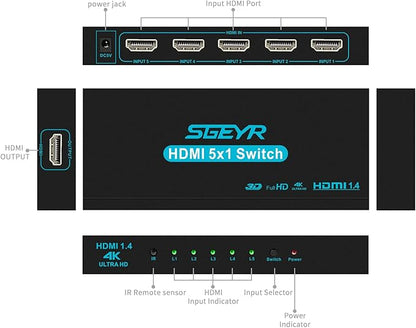HDMI Switch SGEYR 5x1 HDMI Switcher 5 in 1 Out HDMI Selector 5 Port Box with IR Remote Control HDMI 1.4 HDCP 1.4 Support 4K@30Hz Ultra HD 3D 2160P 1080P