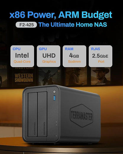 TERRAMASTER F2-425 2-Bay NAS Storage - Intel x86 Quad-Core CPU, 4GB RAM, 2.5GbE LAN, Network Attached Storage Multimedia Server for Home Users (Diskless)