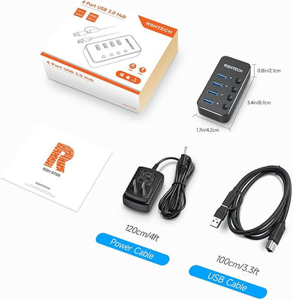 USB 3.0 Hub RSHTECH 4 Port Powered USB 3.0/USB C Hub Upgraded Version with 2-in-1 3.3ft USB Cable,5V Power Adapter and Individual Switches, Portable Aluminum USB Splitter for Laptop and PC, RSH-ST04
