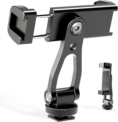 All Metal Phone Tripod Mount, 360° Rotation Tripod Phone Mount with 2 Cold Shoes, Adjustable Cell Phone Mount Adapter with 1/4" Thread, Compatible with iPhone Android Phones, Digital Camera