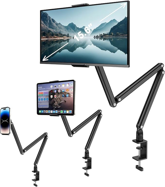 Yumecamp Triple Arm Tablet Stand, Heavy Duty Aluminum iPad Holder with Desk Clamp, 360° Rotating Mount for 4.7-15.6" iPad/iPhone/Portable Monitors – Sturdy No-Shake Design for Kitchen,Work