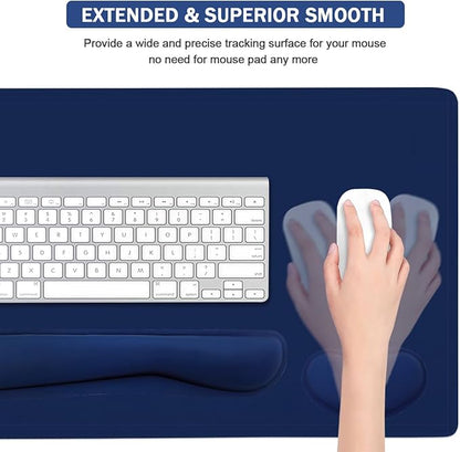 Large Keyboard Mouse Pad Set, Extended Mouse Pad+Keyboard Wrist Rest Support, Memory Foam Ergonomic Easy Typing, 4Pcs (35.4×15.13 in) Desk Pad Set for Home Office Study Game - Dark Blue