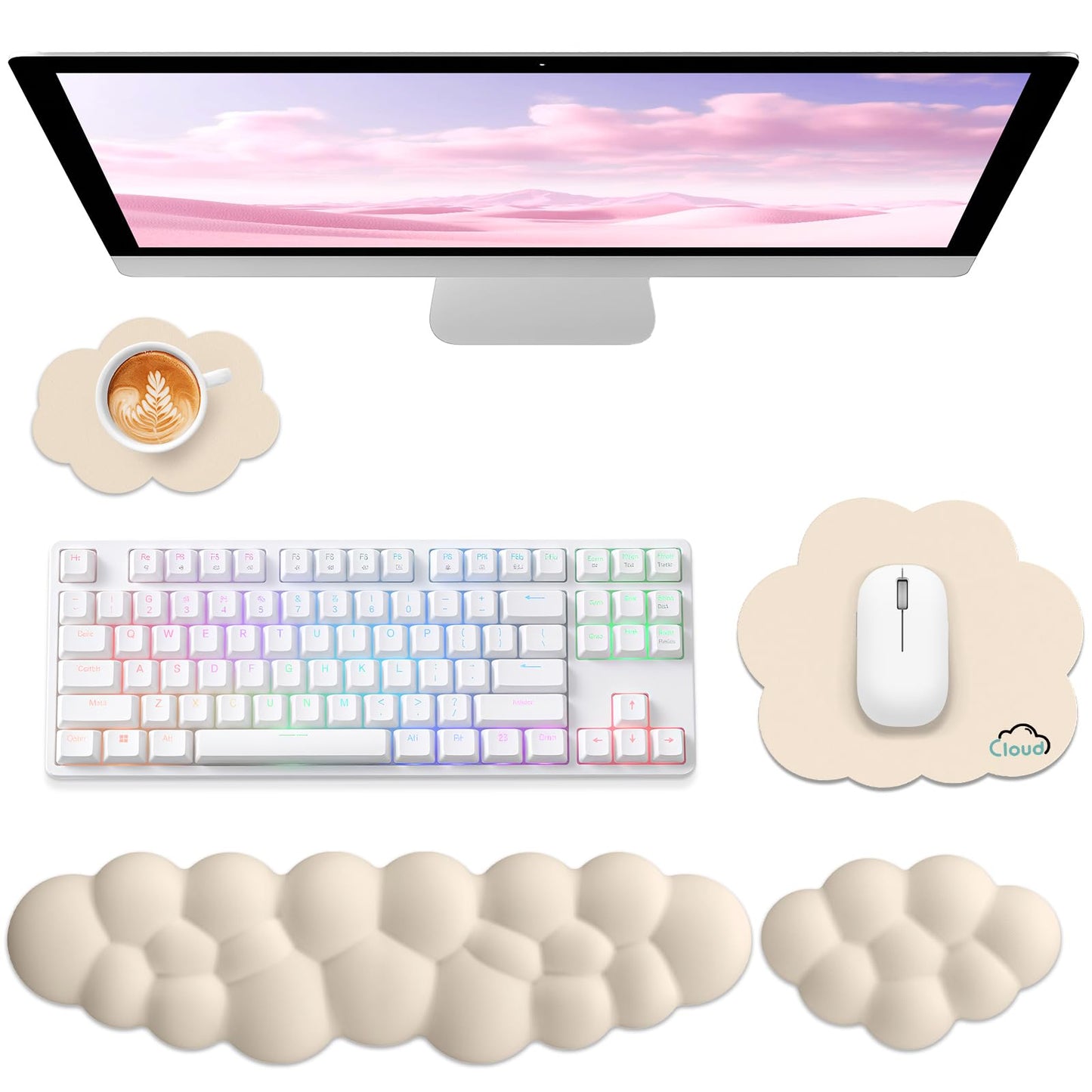 Sushret Cloud Wrist Rest for Computer Keyboard and Mouse Pad Set, Beige