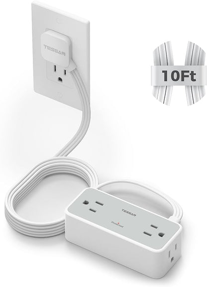 Surge Protector Power Strip, TESSAN Flat Plug Extension Cord 10 FT with 4 Wide Spaced AC Outlets, 900J Protection, Wall Mountable Charging Station for Home Office School Dorm Room Essentials