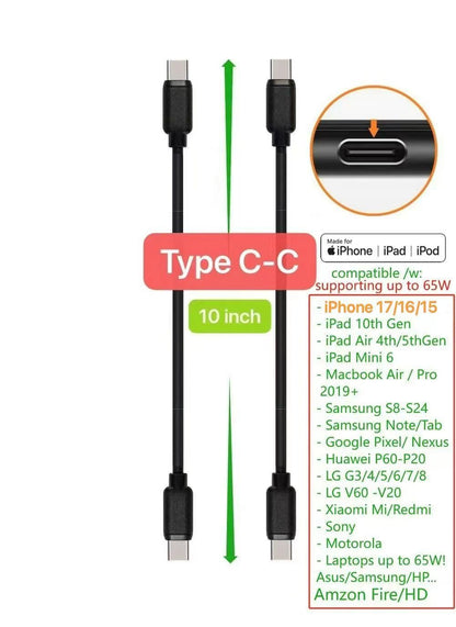 JuSoFU 10-Pack Multi Short USB Cables & TypeC-C Cables for Charging Stations Compatible/w iPhone17,16,15, iPhone14-5/ iPads/iPad mini/iPad Pros/Samsung Moblies & Tablets/Pixel & Nexus/HTC/Sony(Black)