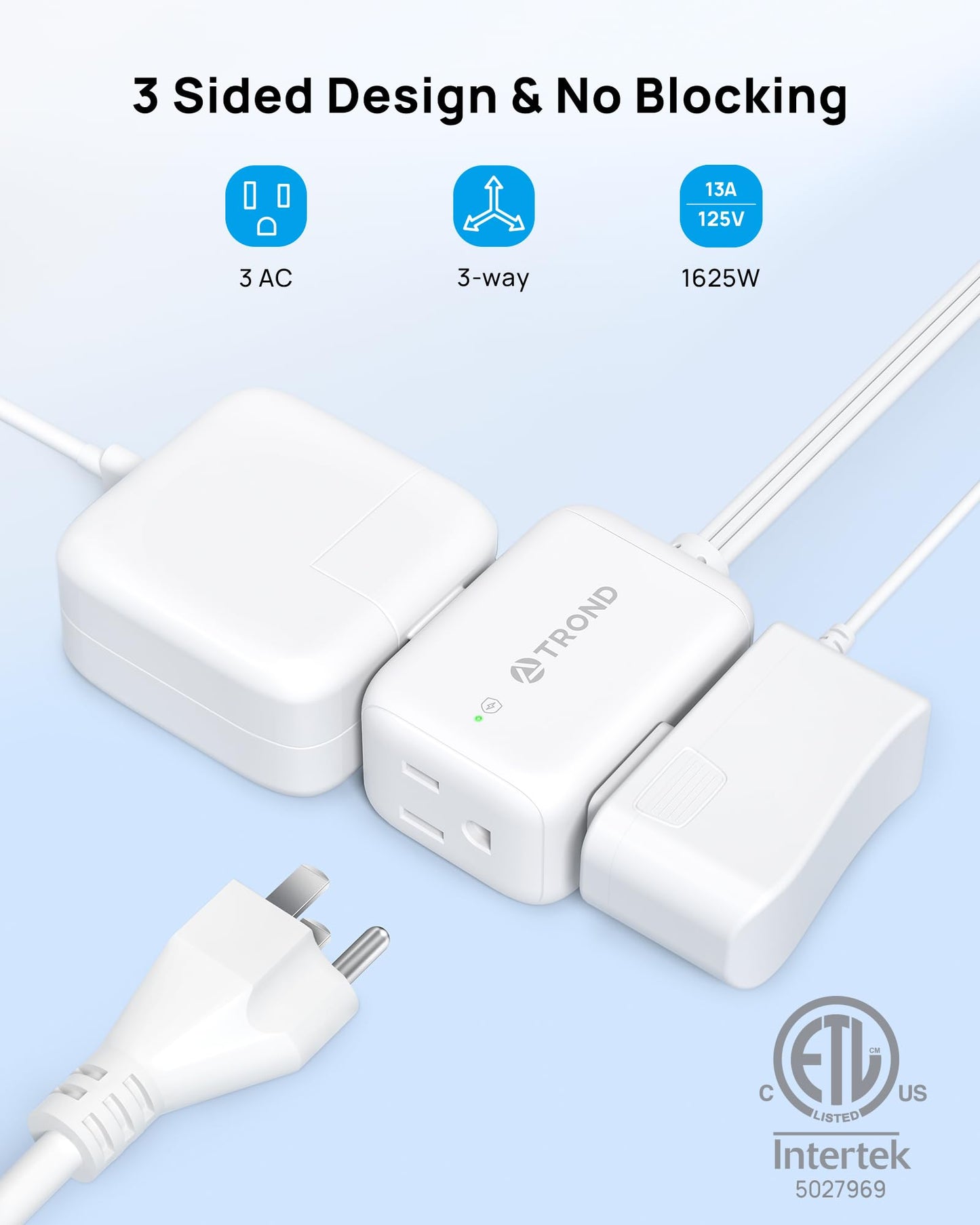 TROND Rotating Flat Plug Extension Cord Surge Protector 15ft, 3 AC, White