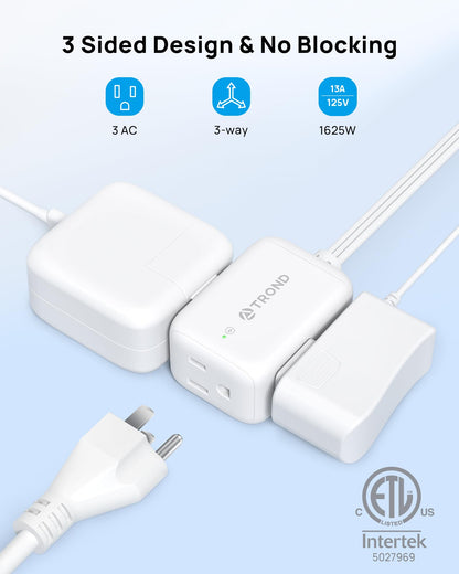 TROND Rotating Flat Plug Extension Cord Surge Protector 15ft, 3 AC, White