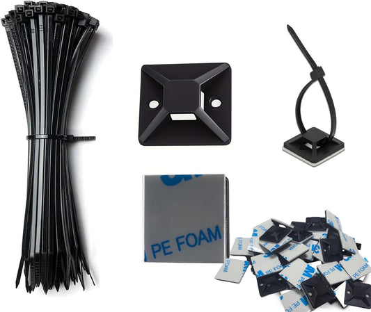 Cable Management Kit - 100 Set Adhesive Cable Zip Tie Mounts with 8" Zip Ties | UV Resistant Wire Organizers for Indoor/Outdoor Use - White