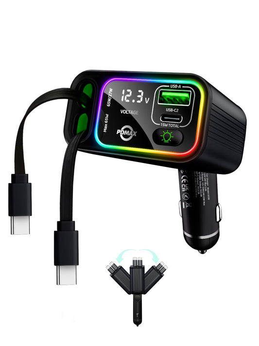 PDMAX Retractable Car Charger USB C,145W Type C Car Charger Fast Charging with Dual Retractable USB C Cable and USB Ports for iPhone 17/16/15,S25/24/23/22, Pixel 9/8/7(Build-in Dual Type C Cable)