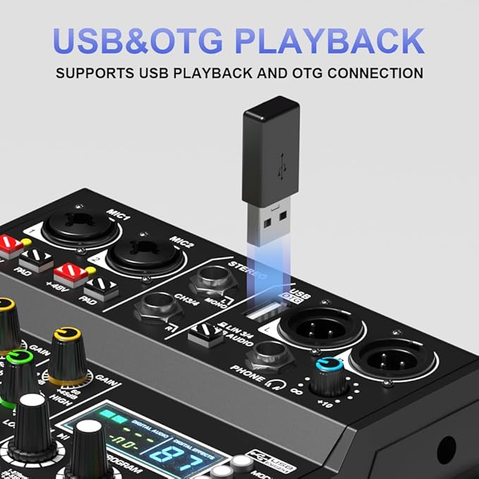 mw-4 black 4Channel Audio Mixer with 99 Sound Effects for PC,Portable Sound Mixing Console with BT USB Recording Input for Live Streaming,Podcasting