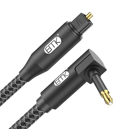 EMK Premium 90° Right-Angle Mini Toslink Cable (6Ft/2M) - 3.5mm Optical Digital Audio Cable for Sound Bars, TVs & Home Theater - SPDIF/Toslink Compatible, Black