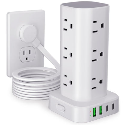 Power Strip Tower with Multiple Outlets, Flat Plug Surge Protector Tower Extension Cord with 12 AC Outlets 4 USB Ports (2 USB C), 10FT Cord Power Tower Surge Protector for Home Office Dorm Room, White