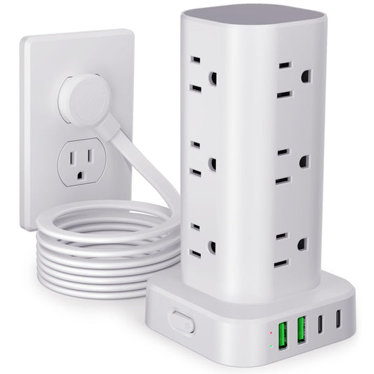 Power Strip Tower with Multiple Outlets, Flat Plug Surge Protector Tower Extension Cord with 12 AC Outlets 4 USB Ports (2 USB C), 10FT Cord Power Tower Surge Protector for Home Office Dorm Room, White
