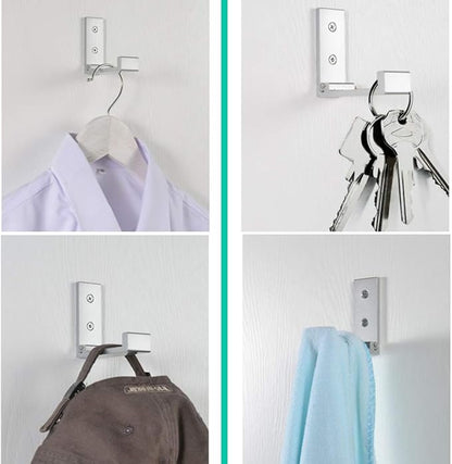 Folding Coat Hooks, Wall Hooks for Hanging Aluminum Alloy Cloth Hanger Coat Hanger Headphones Holder Headset Wall Hanger Hook- Pack of 4 (Silver)