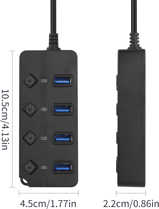 90 Degree USB Hub Splitter YACSEJAO USB 2.0 Data Hub with Individual LED Button On/Off Switch DC5.5 * 2.1 Power Port for Laptop,PC Computer (4 Ports, 1M)