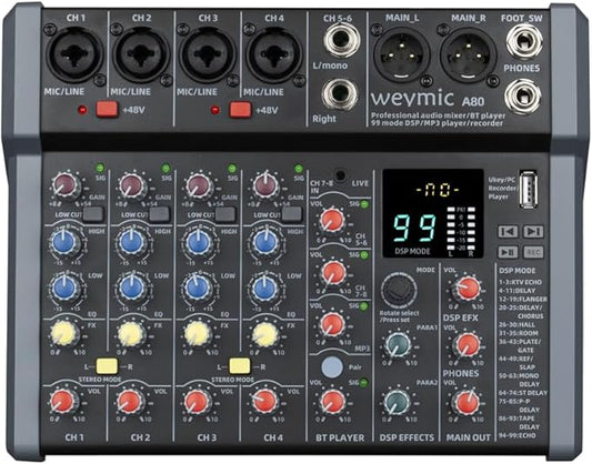 A-Series Professional Mixer for Recording DJ Stage Karaoke Music Application w/ 99 DSP Effect USB Drive for Computer Recording Input, XLR Microphone Jack, 48V Power for Professional (8-Channel)