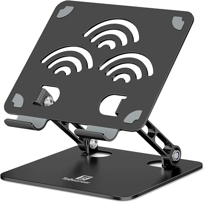 ToBeoneer Adjustable Tablet Stand for Desk, Premium Aluminum Holder for iPads, Tablets, Kindles, Switch, Phones, and All Devices up to 14 Inches. Portable and Foldable Black, Plus Size