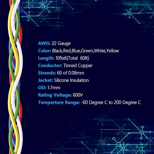 Fermerry 22 AWG Stranded Wire Spool 10ft Each 6 Colors Flexible 22 Gauge Silicone Hook up Wire Kit Electrical Tinned Copper Wire