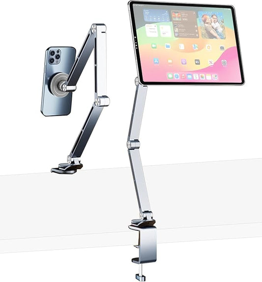 HIBORI Magnetic Tablet Stand for Desk Aluminum Alloy Phone iPad Desk Holder Overhead Arm Mount with 360°Rotate Base for Magsafe/iPhone/Android/iPad (Magnetic Silver)