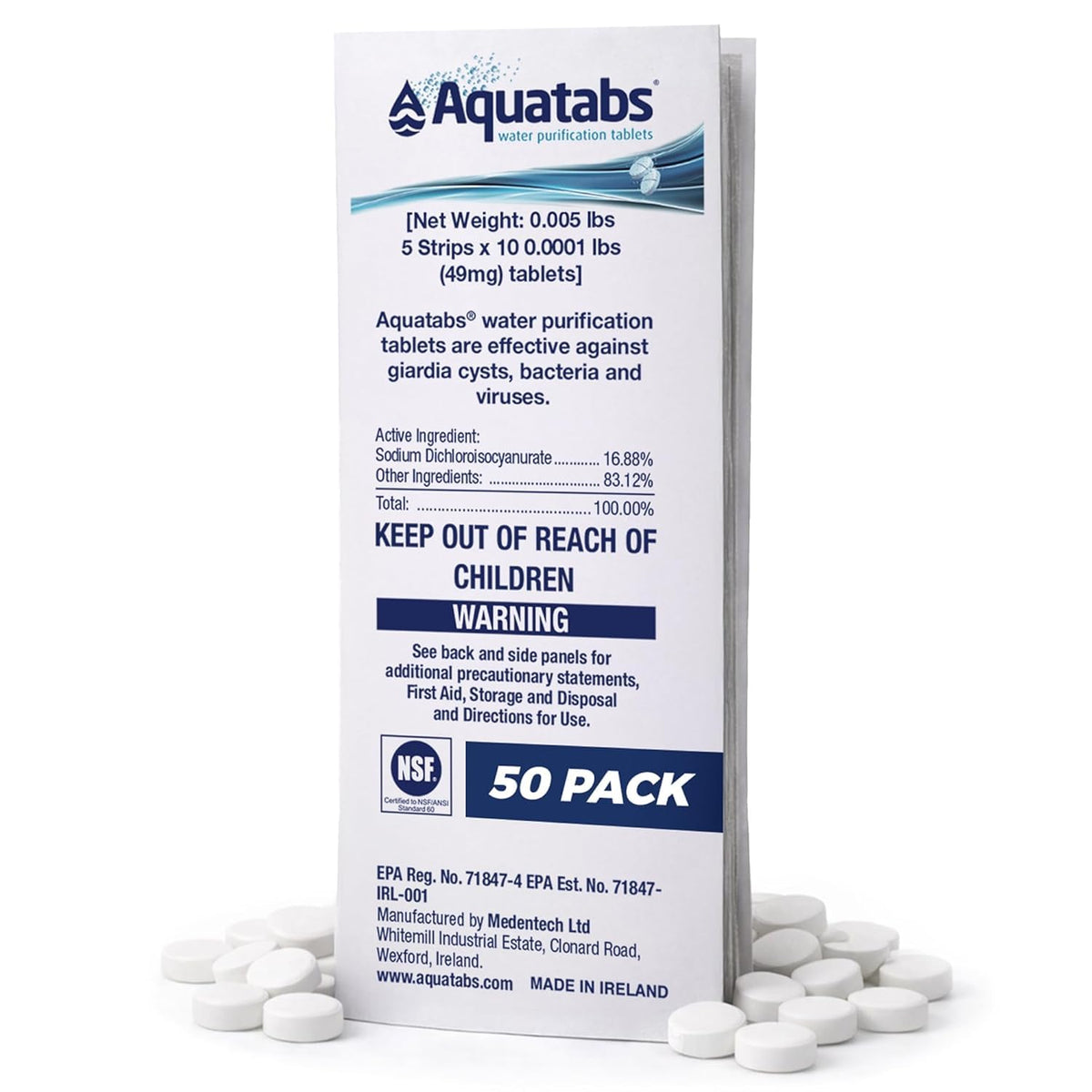 Aquatabs 49mg Water Purification Tablets, 100 Pack, Hiking & Camping
