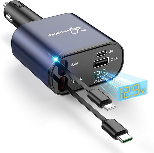 DreamBee Retractable Car Charger,66W 4 in 1 Super Fast Charge Car Phone Charger,Gifts for Men Women Car Truck Accessories for iPhone 15/14/13/12 Pro Max XR,iPad,Samsung,Pixel-Blue
