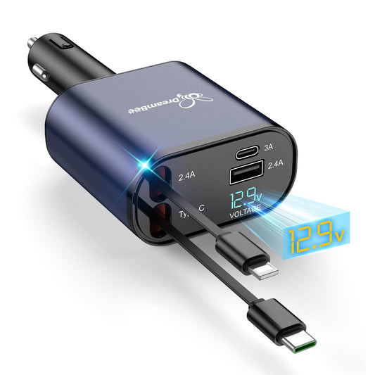 DreamBee Retractable Car Charger,66W 4 in 1 Super Fast Charge Car Phone Charger,Gifts for Men Women Car Truck Accessories for iPhone 17/16/15/14/13/12 Pro Max XR,iPad,Samsung,Pixel-Blue