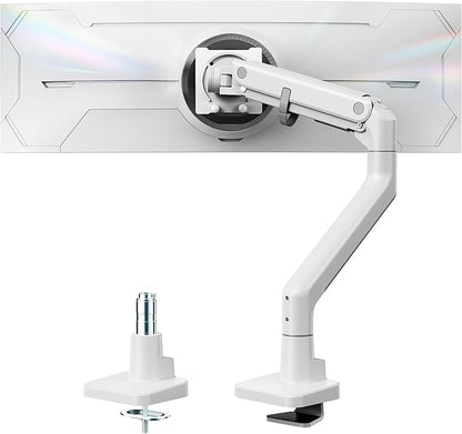 monTEK Heavy-Duty Monitor Arm for 17-57" Ultrawide Curved Screen, Supports up to 59.4 lbs, Adjustable Gas Spring Arm, 75/100 VESA Mount, Clamp & Grommet Desk Monitor Mount Single, White