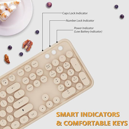 Wireless Keyboard and Mouse Combo, Cute Colorful 104 Keys Typewriter Retro Round Keycaps Keyboard for PC Laptop,Desktop,Windows, Home and Office Keyboards Coffee