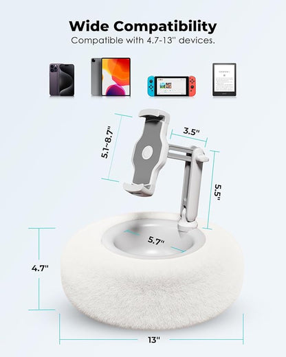 Viozon Tablet Stand Pillow, Compatible with 4.7"-13" Phone/Tablet, iPad, iPhone, Samsung, Google, Kindle, 360°Adjustable Phone Holder for Bed with Soft Plush Fabric, and Detachable Bowl, White