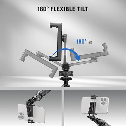 Neewer Metal Phone Tripod Mount with Cold Shoes, 1/4" Thread, 180° Tilt, 360° Rotation, Adjustable Phone Clamp Metal Phone Holder Compatible with iPhone 16 15 Pro Max S24 Ultra Camera Cage, GA010