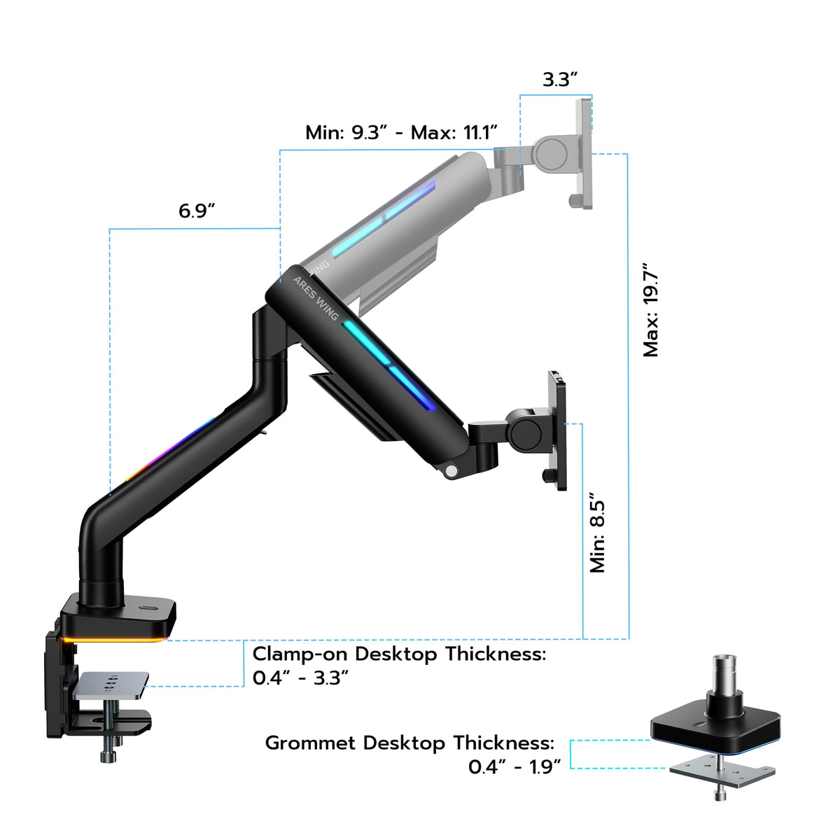 ARES WING Ultrawide Monitor arm with RGB for 17-49 Inch Screen, Black
