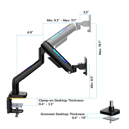 ARES WING Ultrawide Monitor arm with RGB for 17-49 Inch Screen, Black
