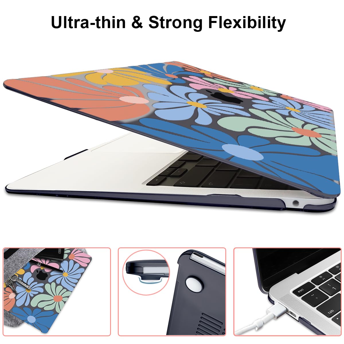 LCMOCICO Compatible with 2021 2020 2019 2018 MacBook Air 13 inch Case M1 A2337 A2179 A1932 Touch ID, Crystal Printed Pattern Plastic Hard Shell Case for Mac Air 13 M1 2021, Colorful Flowers Black