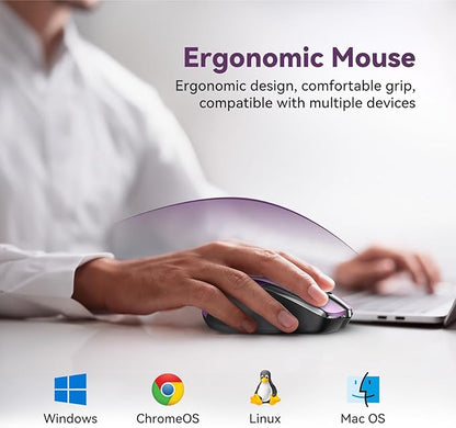 Bluetooth Mouse (BT5.0/3.0 & 2.4G) Rechargeable Wireless Mouse, 4800 DPI Optical Tracking, 6 Adjustable DPI, 2.4GHz with USB A Receiver, Quiet Clicks, Ergonomic Grips, 6 Buttons - Purple