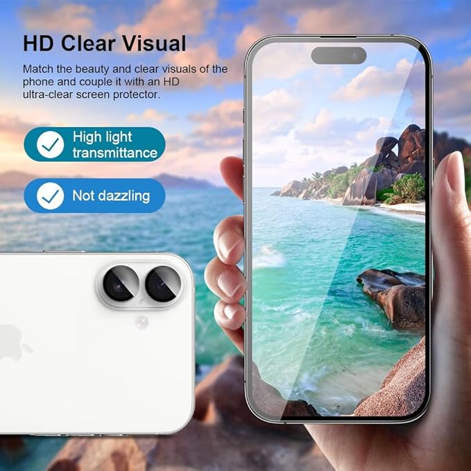 2 pack Full 9H+ Military Grade Glass Screen Protector for iPhone 16 Plus + 2 pack Camera Lens Protector with easy Installation Frame Case Friendly Shatterproof Tempered Glass 9H+ Hardness HD Clear Anti-Scratch Glass Full Edge Coverage (6.7) 16 Plus
