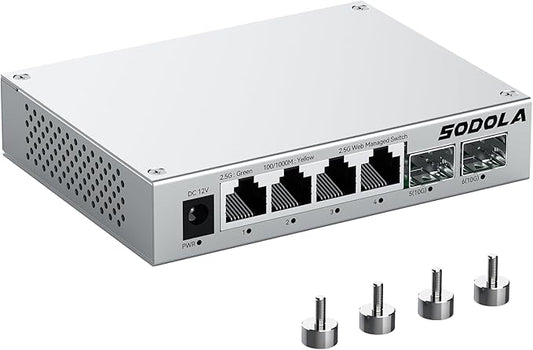 SODOLA 6 Port 2.5Gb Easy Web Managed Switch, 4 x 2.5G Base-T Ports, 2 x 10G SFP+,Aluminum Alloy Cooling & Magnetic Mounting - LACP/QoS/VLAN/IGMP Managed Multi-Gigabit Switch for Homelab