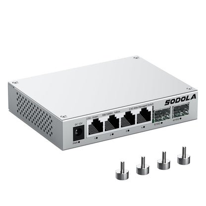 SODOLA 6 Port 2.5Gb Easy Web Managed Switch, 4 x 2.5G Base-T Ports, 2 x 10G SFP+,Aluminum Alloy Cooling & Magnetic Mounting - LACP/QoS/VLAN/IGMP Managed Multi-Gigabit Switch for Homelab