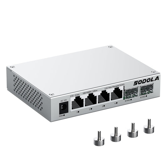 SODOLA 6 Port 2.5Gb Easy Web Managed Switch, 4 x 2.5G Base-T Ports, 2 x 10G SFP+,Aluminum Alloy Cooling & Magnetic Mounting - LACP/QoS/VLAN/IGMP Managed Multi-Gigabit Switch for Homelab