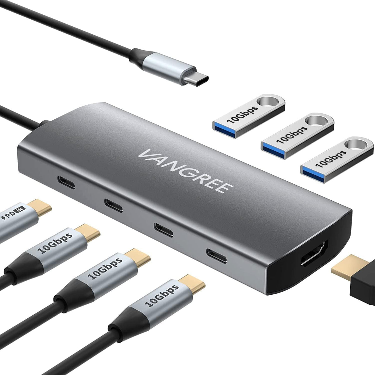 VANGREE USB C Hub 8 in 1, 3 USB-C+3 USB-A 3.2 10Gbps, 4K60Hz HDMI, 100W PD