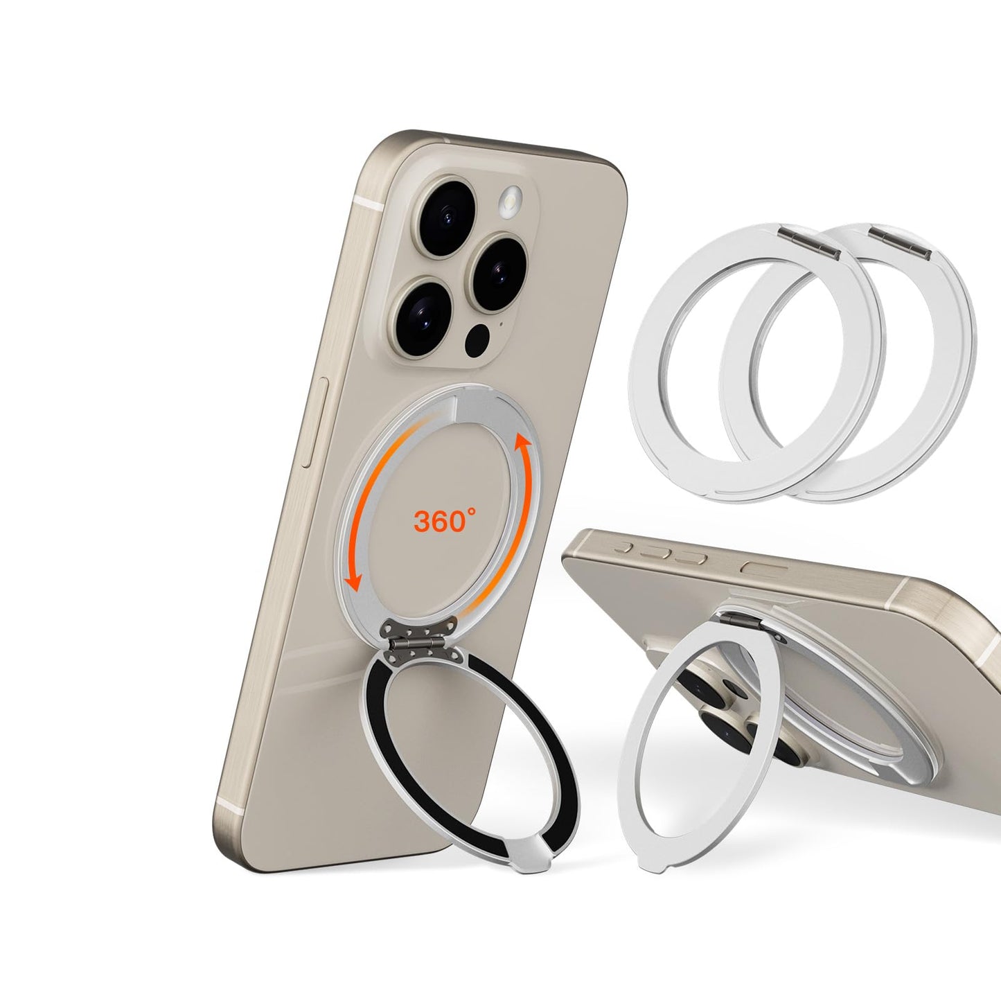COOLQO 2Pcs 360 Spin Cell Grip Ring Phone Stand [Upgrade Gear Hinge Stress Anxiety Relief] Magnetic Holders for Your car Accessories Desk Mount Compatible with iPhone All Smartphones, Silver