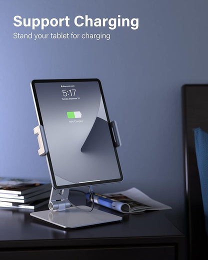 Maxonar Tablet Stand for Desk, 360° Adjustable Aluminum Alloy Swivel iPad Charging Tablet, iPad Pro Air Mini Tablet Holder for Bed Store POS Showcase Kitchen Office Drawing Desktop (6-13''), Silver