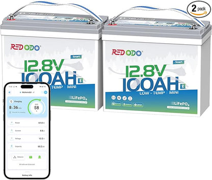 Redodo 12V 100Ah Smart Mini Bluetooth LiFePO4 Battery, Smallest Lithium Battery，Max 1280Wh, 10-Year Lifespan with Up to 15000 Deep Cycles, Upgraded 100A BMS for RV, Marine, Solar, Camping - 2 Pack