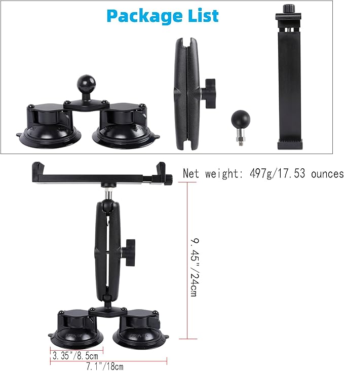 iPad Pro 12.9 Inch Tablet Mount with Dual Suction Cup Base for Truck Car Windshield, Aluminum Arm Heavy Duty Tablet Suction Holder for Window, Compatible with 6.5-12.9" Tablets