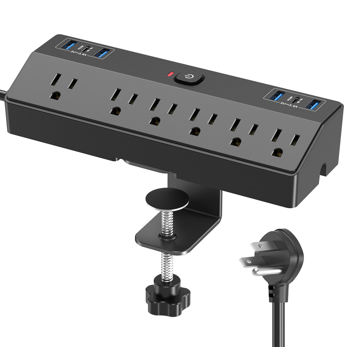 40W Fast Charging Station, Desk Clamp Power Strip 10FT Extension Cord, JXGUCAT Removable Desk Mount Flat Plug Power Strip Surge Protector, 2 USB-C Ports, 6 Outlets, Fits 1.8" Tabletop Edge